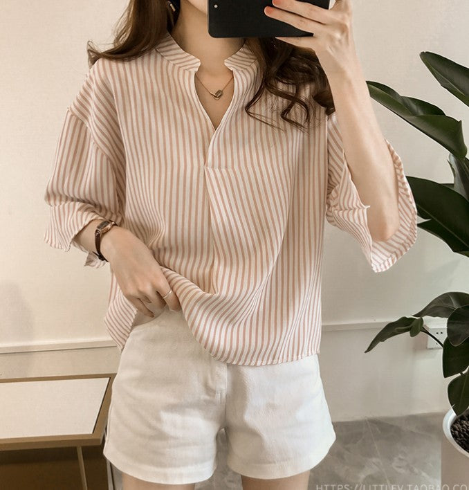 STOCK - Women's Korean Striped V-Neck Casual Shirt