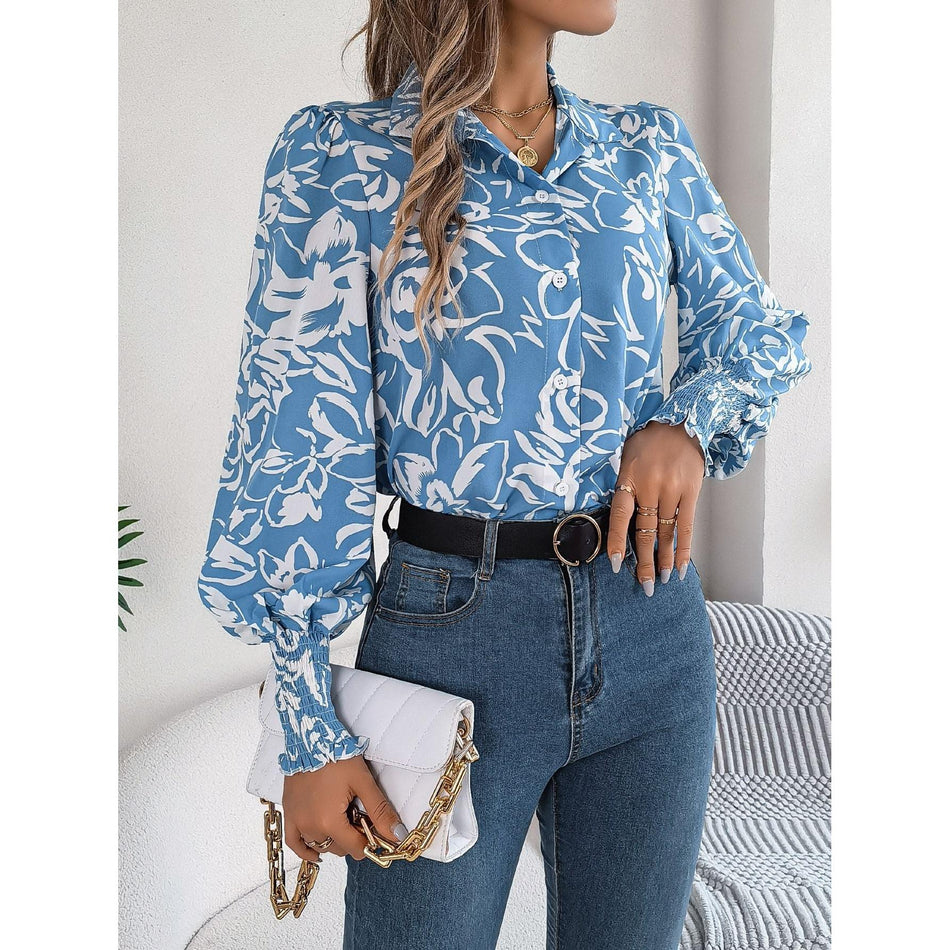 Elegant Color-Block Floral Lantern Sleeve Shirt – Women's