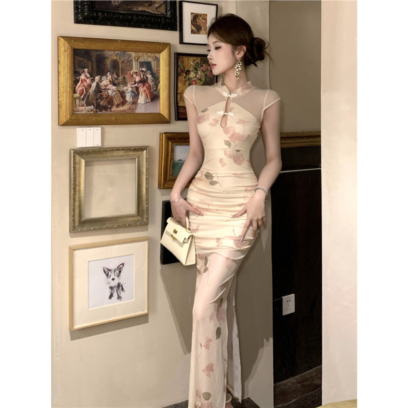 Vintage Chinese Printed Cheongsam Mesh Slim Fit Waist