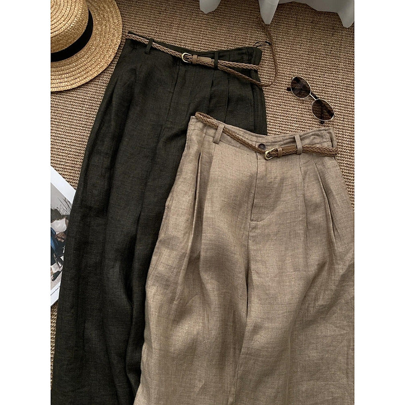 Old Money Khaki Linen Wide-Leg Pants