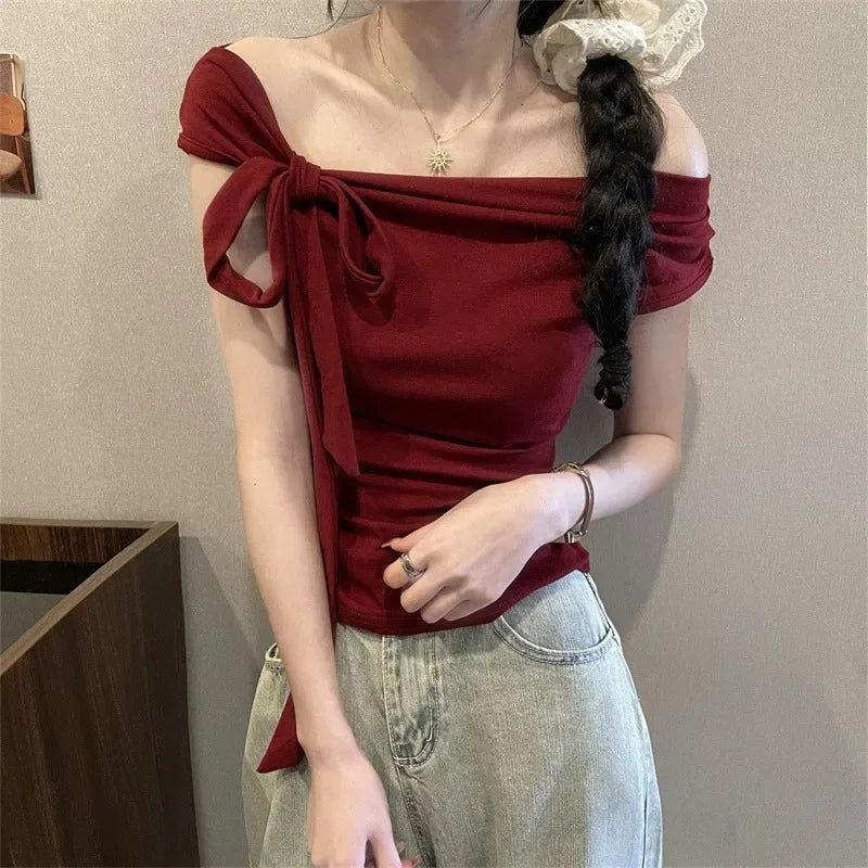 Pure Desire Off-Shoulder Halter Neck T-Shirt – Summer Slim Fit