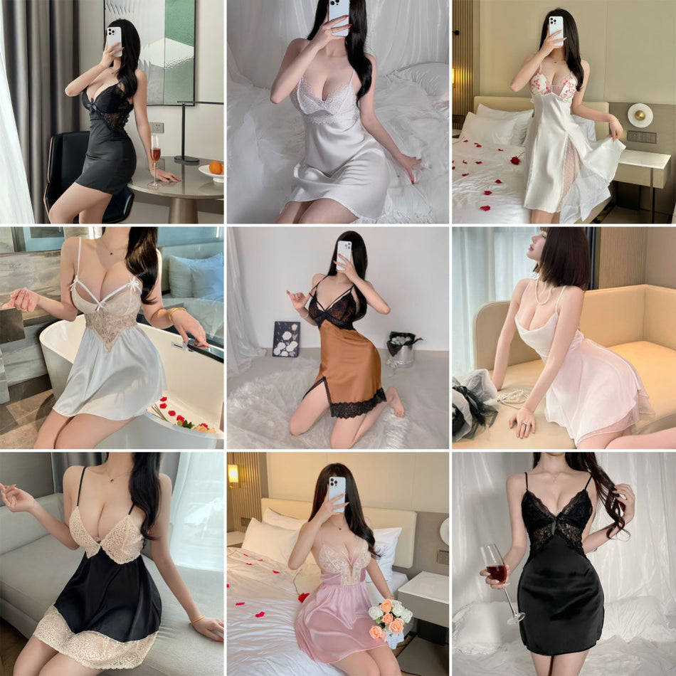Deep V Satin Mesh Lace Sexy Nightgown for Women