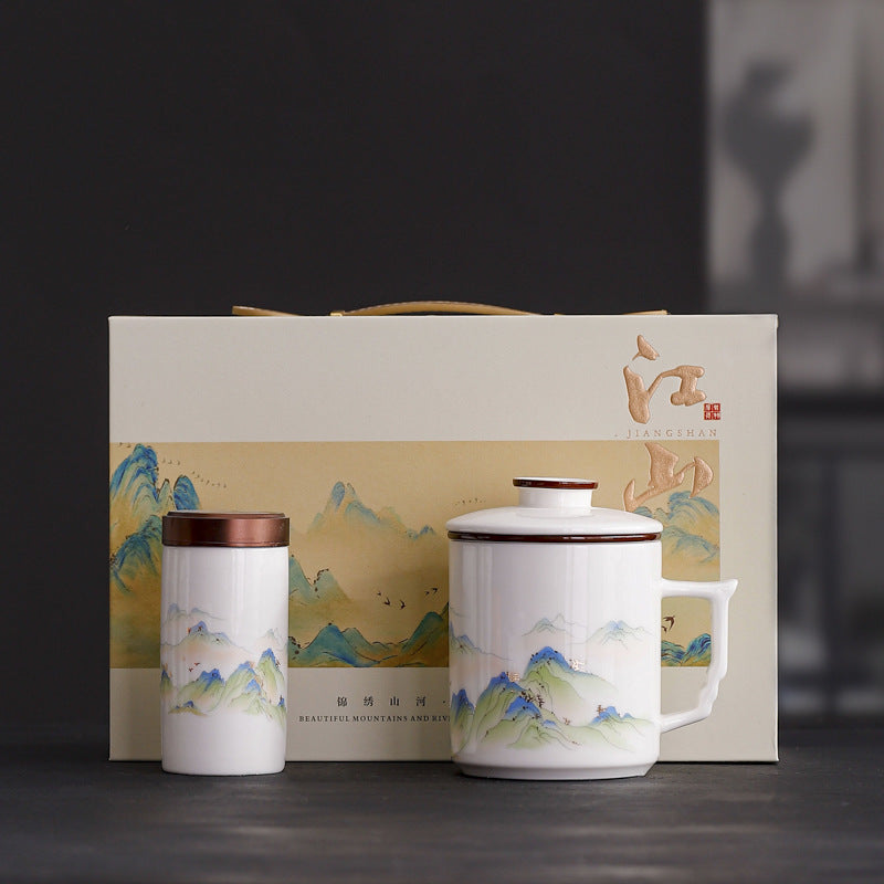 Jade Porcelain Office Mug Set Ceramic Tea Cup Gift Box
