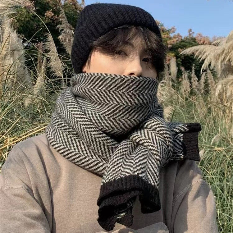 Men’s Winter Herringbone Wool Scarf Thick Warm Argyle Knitted