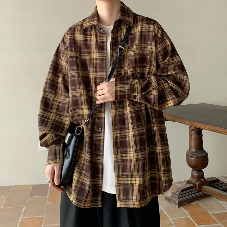 Men’s Japanese Retro Plaid Overshirt Long-Sleeve Shirt