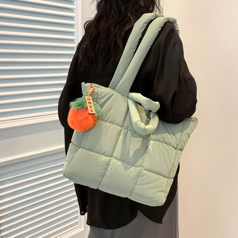 Korean Plaid Cotton Down Tote Shoulder Bag Large Women