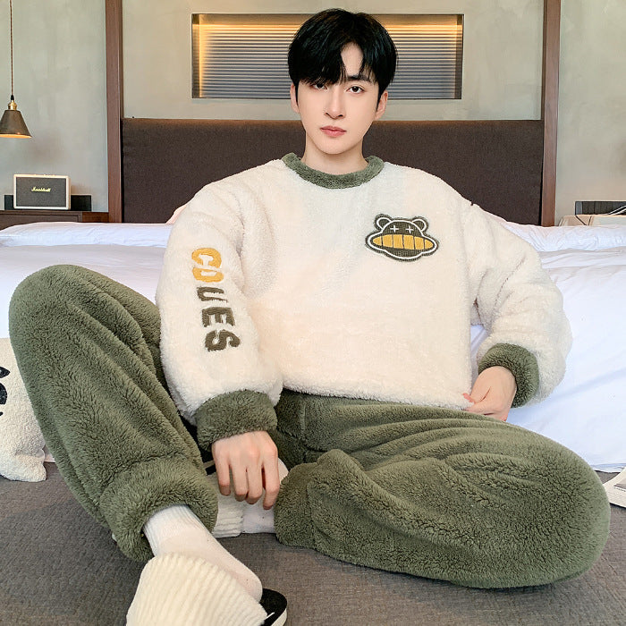 Men’s Coral Fleece Pajamas Winter Crewneck Warm Suit