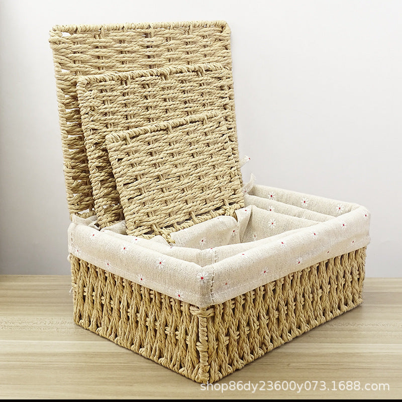 Straw Tabletop Storage Basket with Lid | Remote & Snack Box
