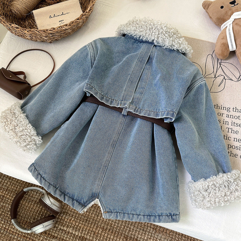 2025 Girls’ Fleece-Lined Denim Jacket – Korean Style