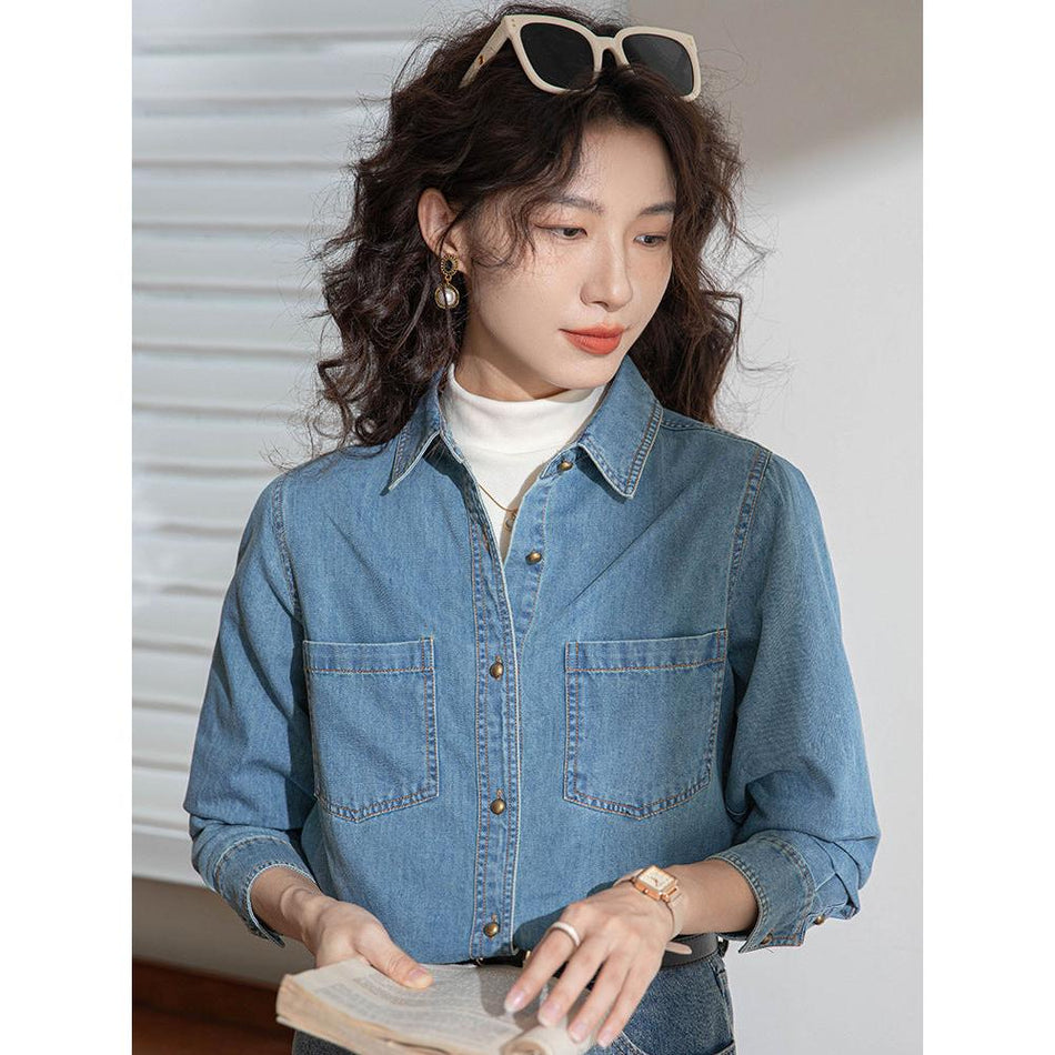 Light Blue Denim Shirt Women Retro Spring Autumn