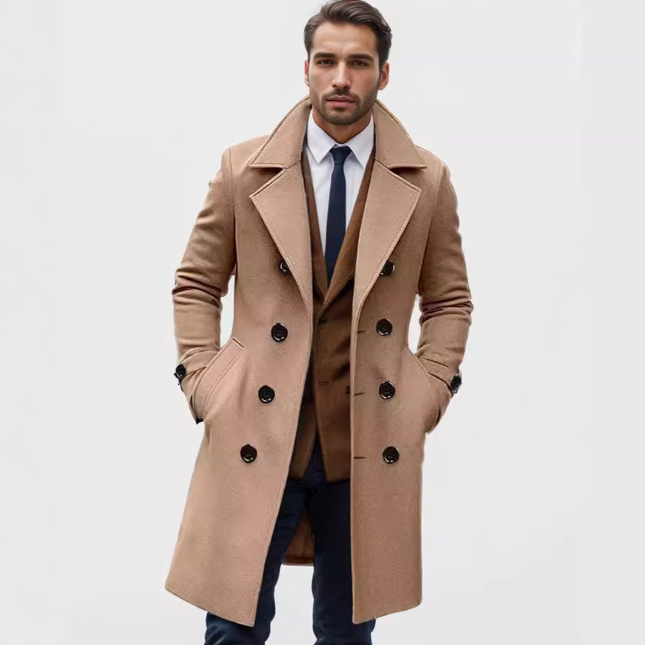 Men’s Slim Fit Double-Breasted Wool Coat – Mid-Length European