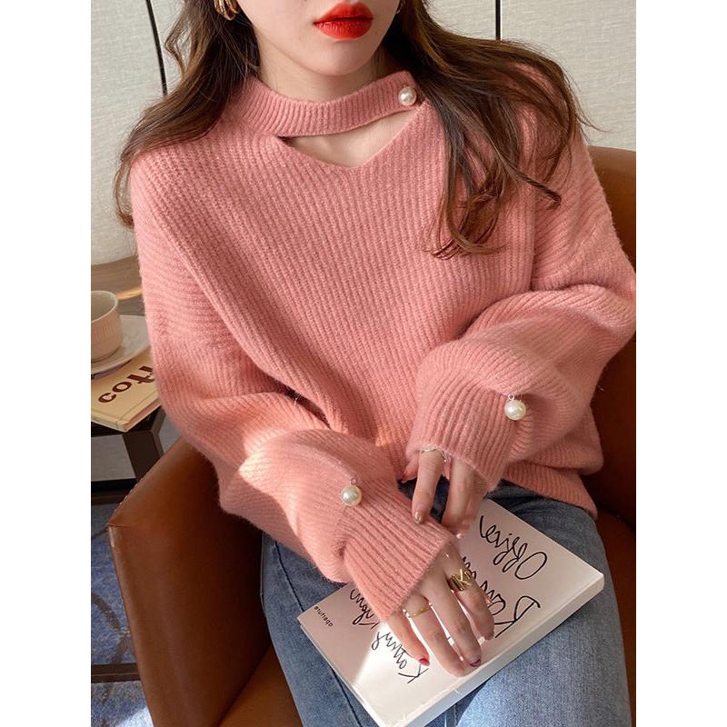 Women’s Korean-Style V-Neck Puff Sleeve Sweater