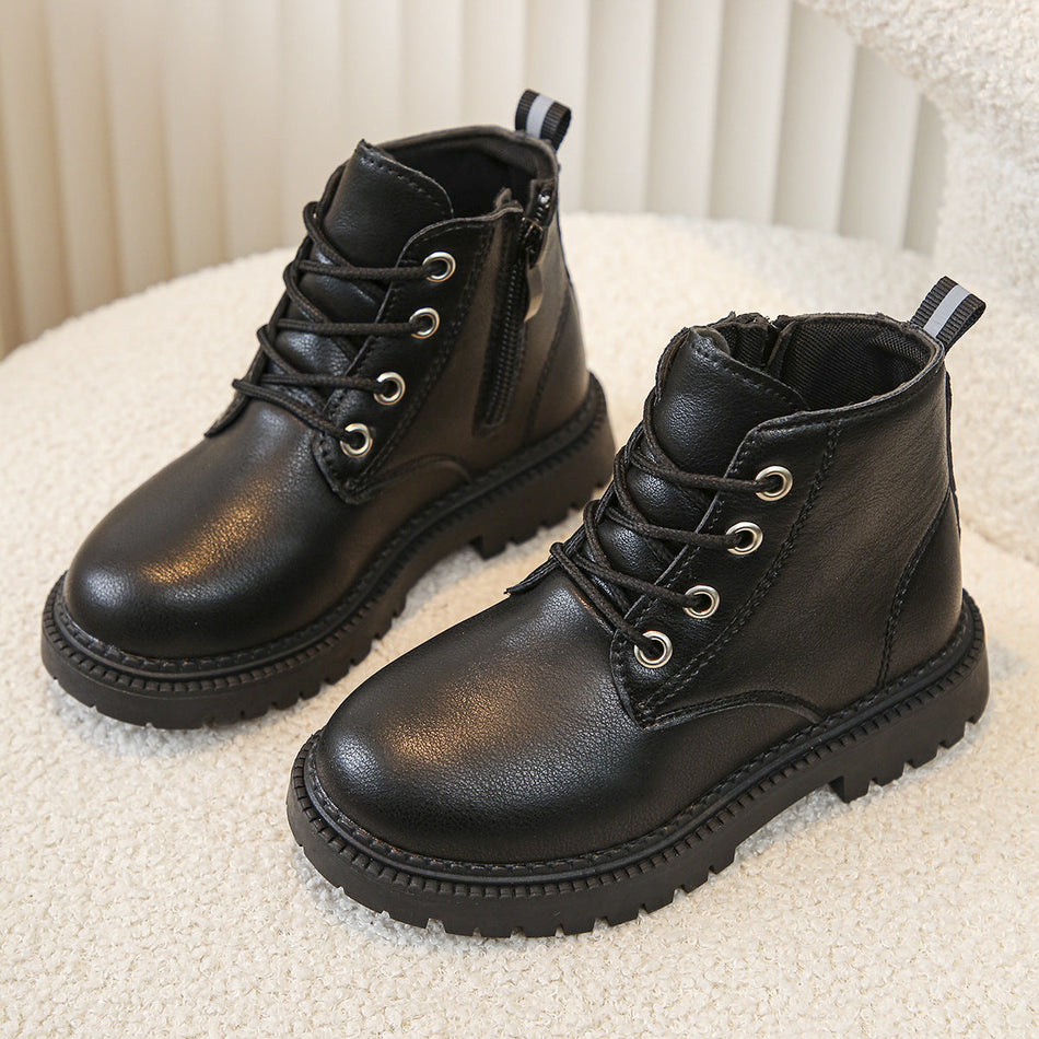 Kids British Style Soft Sole Leather Boots Warm Winter