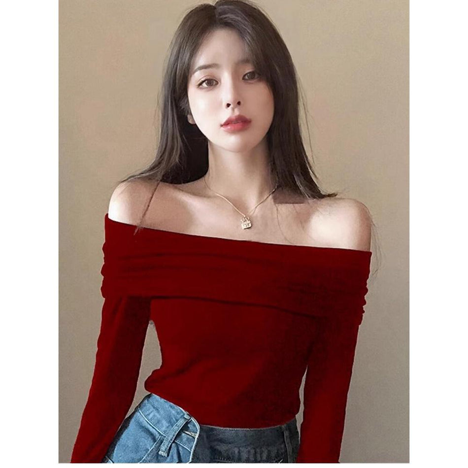 Women Velvet Shoulder Exposed Slim Fit Long Sleeve Top