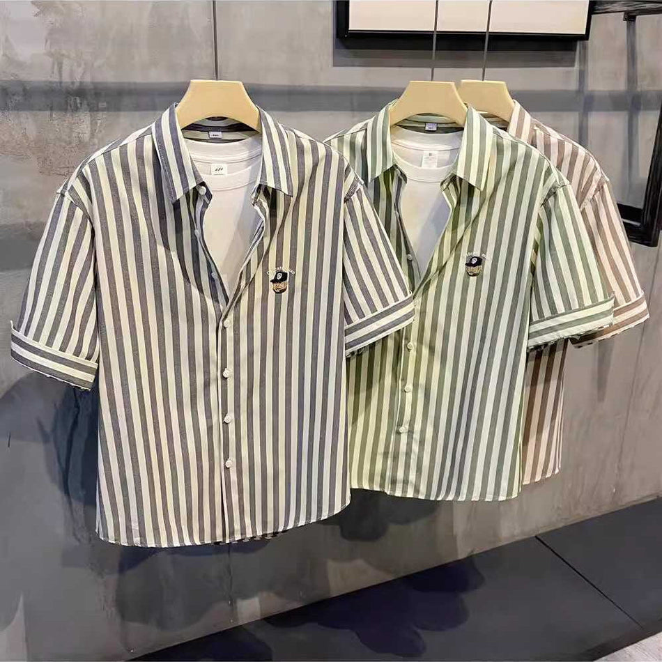 STOCK-Men’s Korean-Style Striped Short-Sleeve Shirt 2024