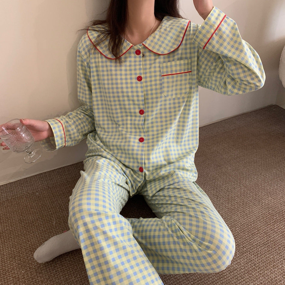 Plaid Pajama Set – Doll Collar Long Sleeve Homewear