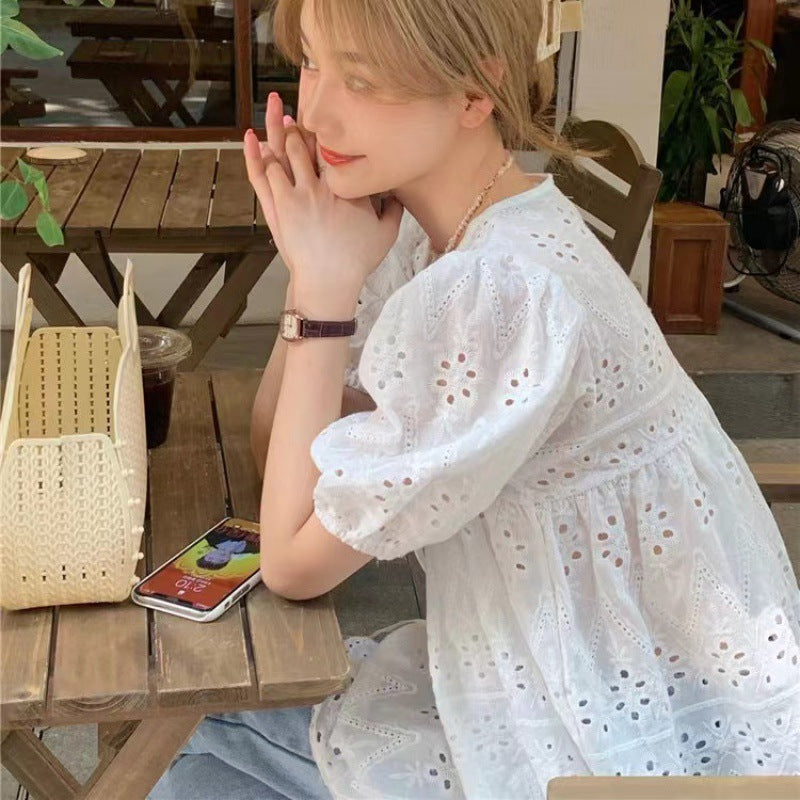 French White Hollow Lace Top Summer Puff Sleeve Shirt