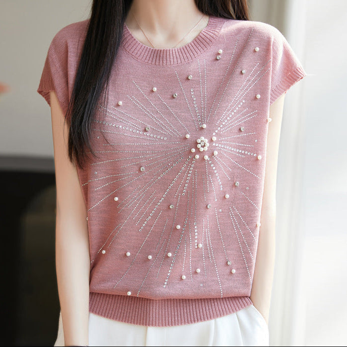 Pink beaded bamboo knot knit tee with flutter sleeves