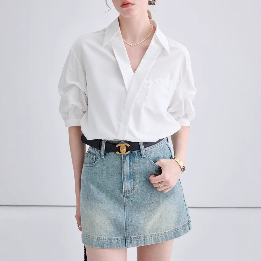 VEGA White V-Neck Shirt – Loose French Casual Chic