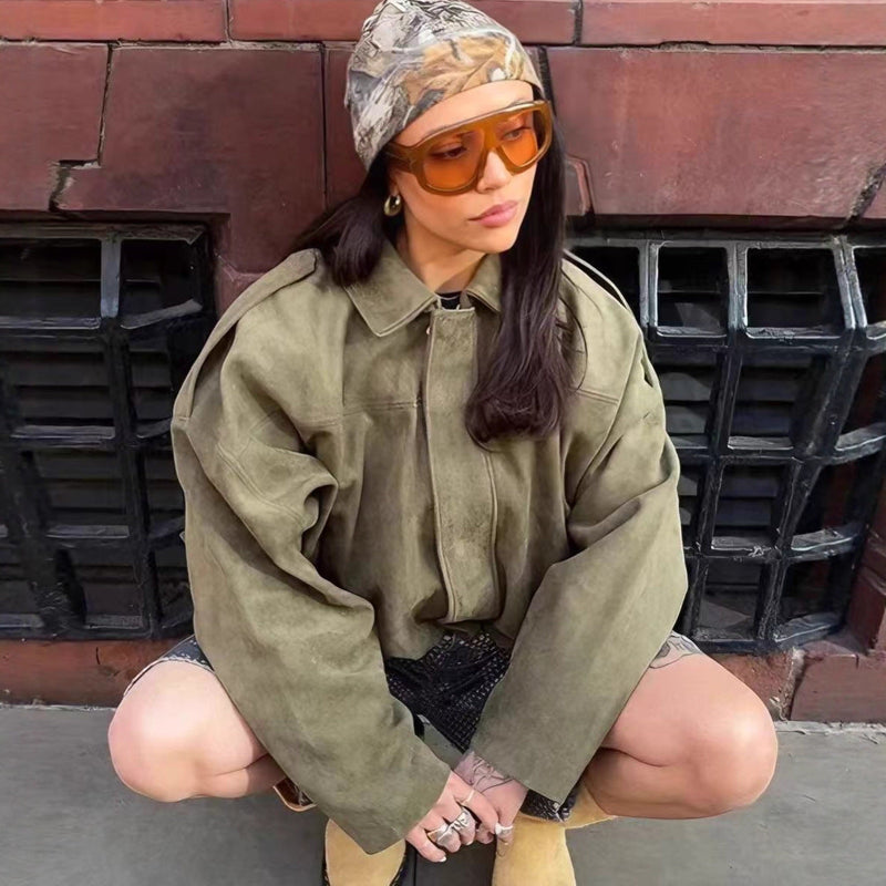 STOCK-Women Aviator Suede Jacket Batwing Sleeve Zipper Casual