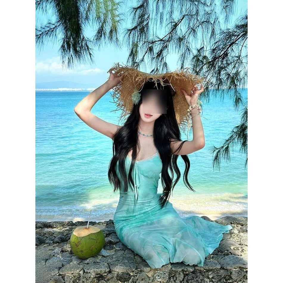 French Green Printed Fishtail Sling Dress