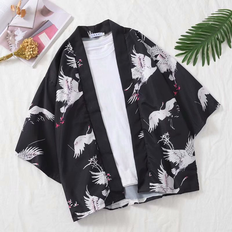 Men’s Dark Ukiyo-e Dragon Kimono Seven-Sleeve Robe