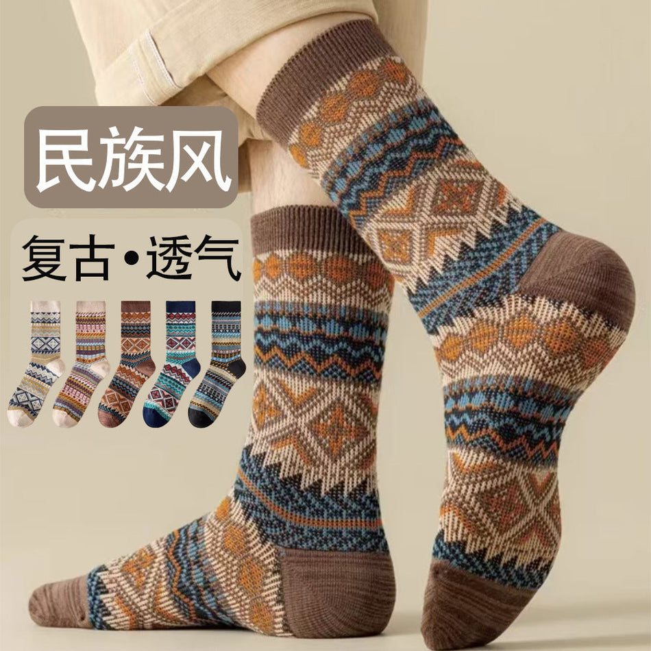 Men’s Mid-Calf Cotton Socks Double-Needle Retro Autumn