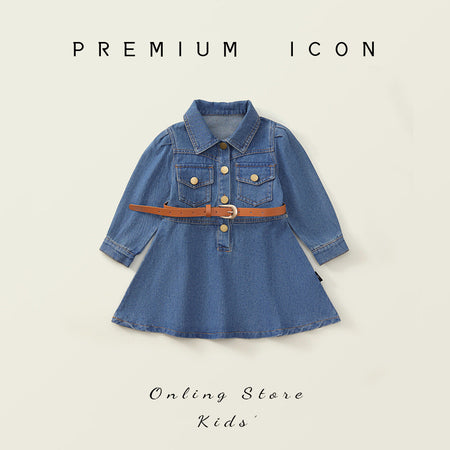 Girls Denim Belt Dress Korean Autumn Style – Spring Autumn Kids Fashion Nepal | Tudoholic