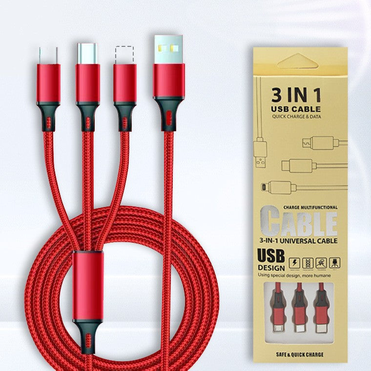 3A Nylon Braided 3-in-1 Fast Charging Data Cable