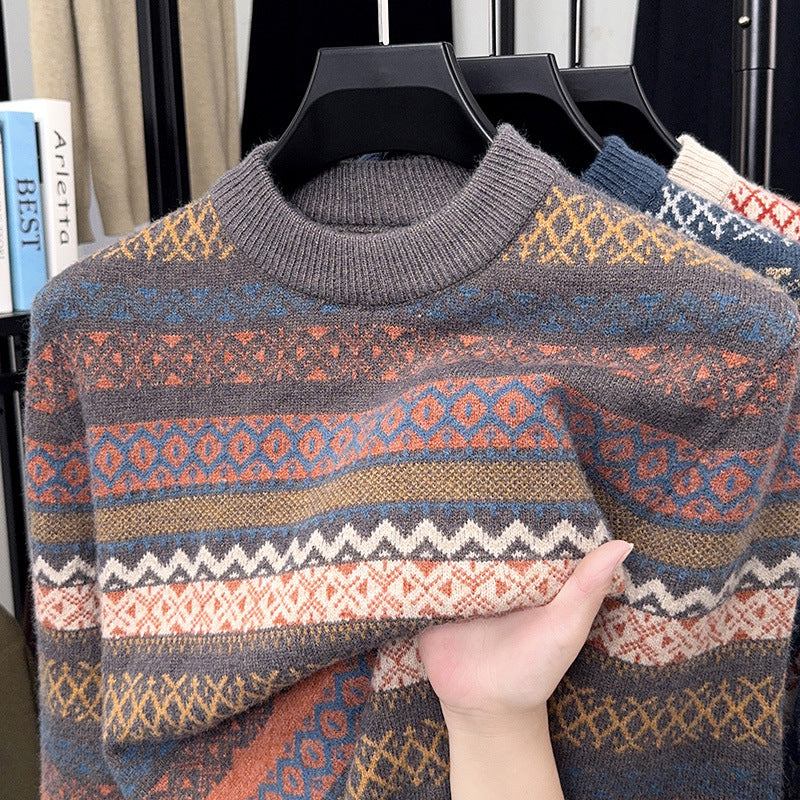 Men's Ethnic Jacquard Half-Turtleneck Retro Wave Sweater