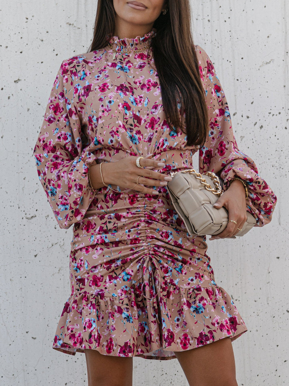 High-Collar Drawstring Floral Dress – 2026 "INS" Homestead Cozy