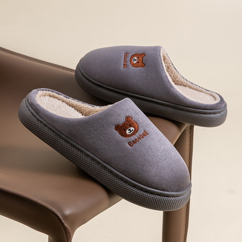 Autumn & Winter Plush Cotton Slippers – Cute Cartoon Bear Indoor
