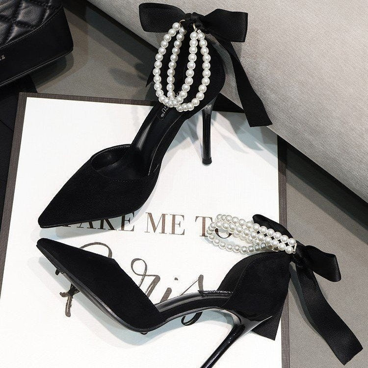 2026 Black Pearl Suede Stiletto High Heels