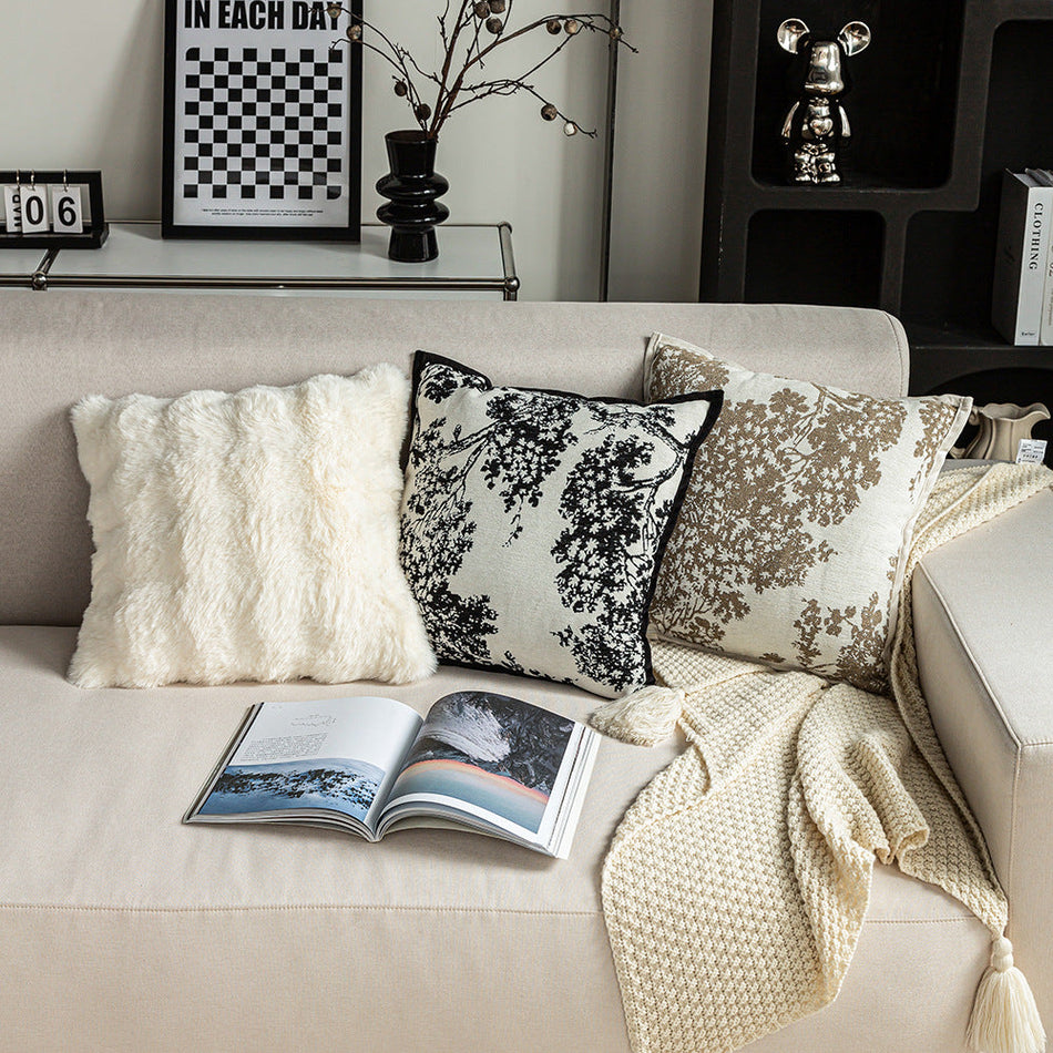Nordic Black & White Line Pillow – Chenille Sofa Cushion