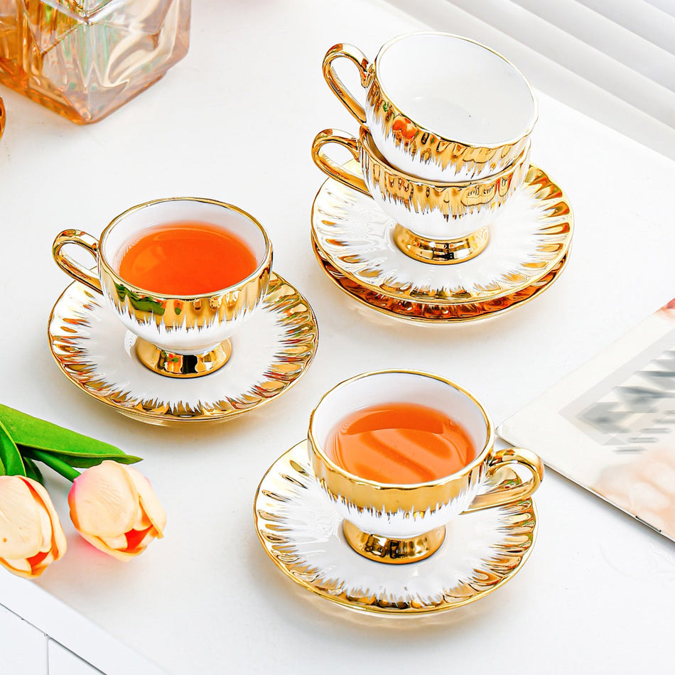 European Gold-Rimmed Ceramic Cup & Saucer for Tea & Coffee