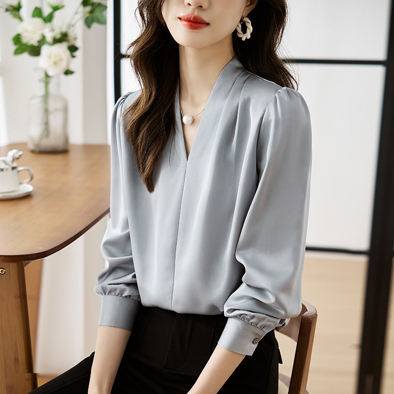 Elegant V Neck Acetate Satin Chiffon Work Shirt Women