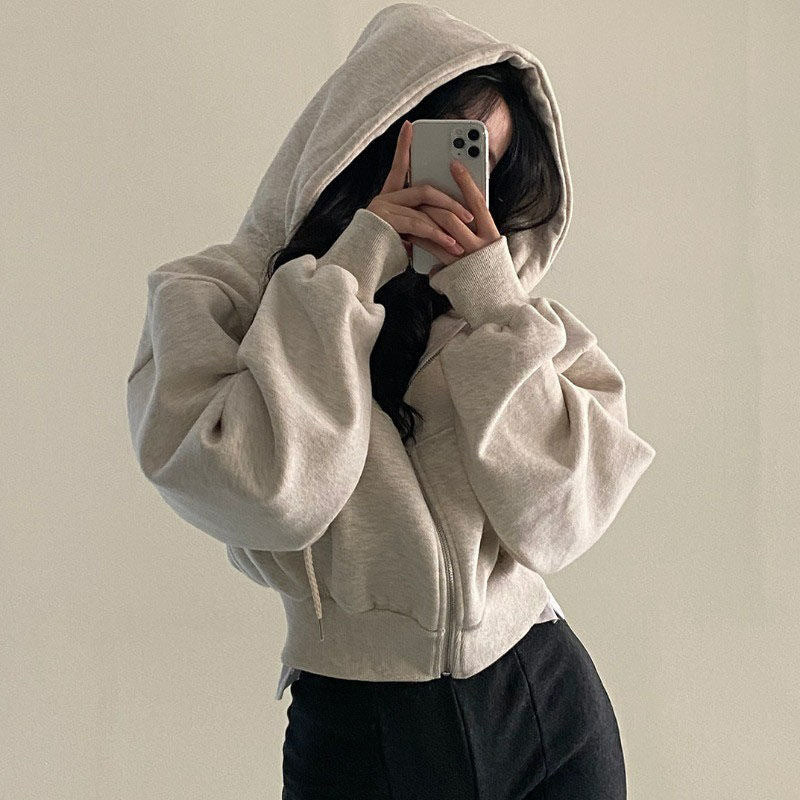 Women’s  Fleece-Lined Short Hooded Zipper Sweatshirt