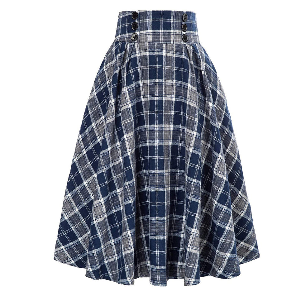 High-Waist Plaid A-Line Swing Skirt – Autumn Winter