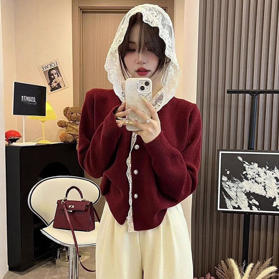 Lace-Spliced Hooded Knitted Sweater for Women
