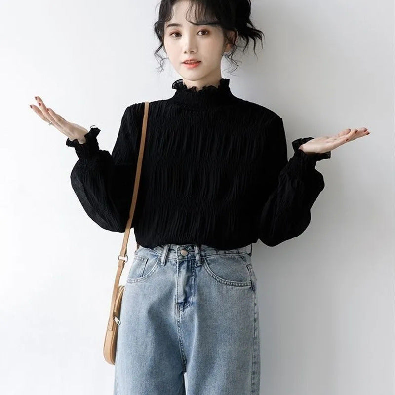 STOCK-White High-Neck Lace Ruffled Long-Sleeve Base Shirt