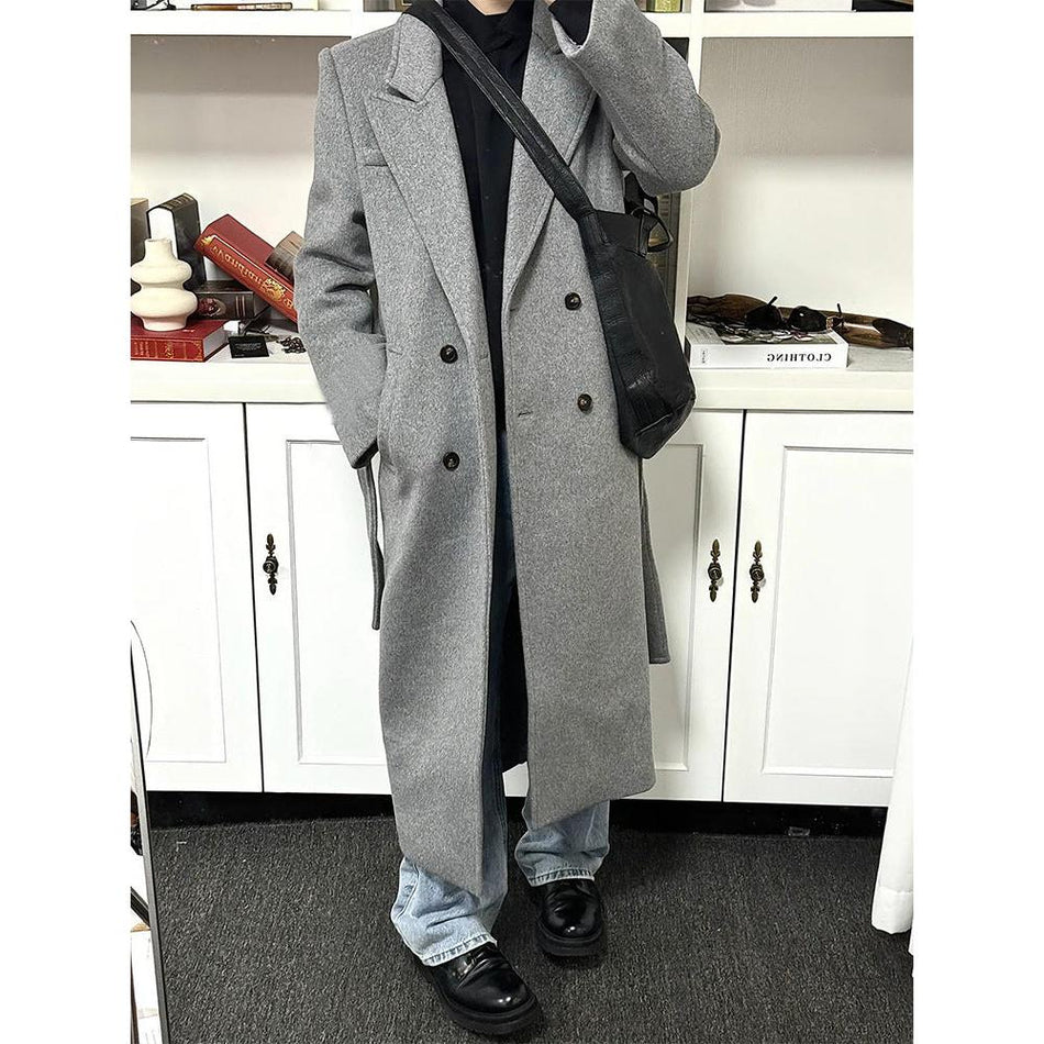 Men's Dark Gray Woolen Mid-Length Double-Breasted Winter Coat