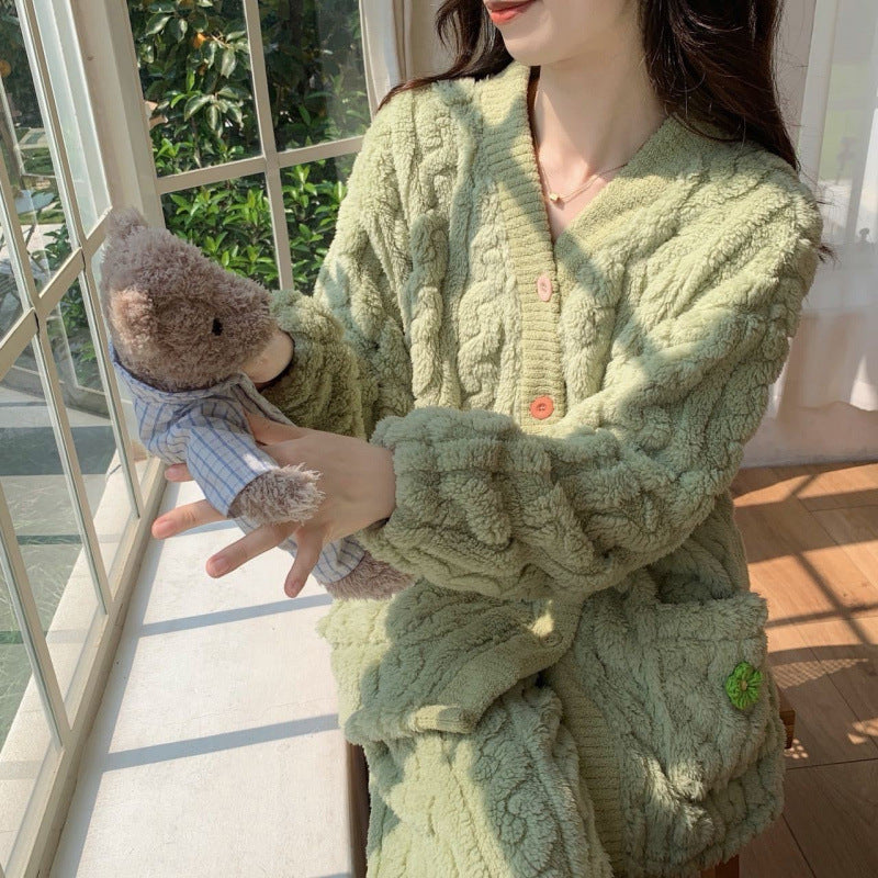Women’s Coral Velvet Thickened Pajama & Cardigan Set