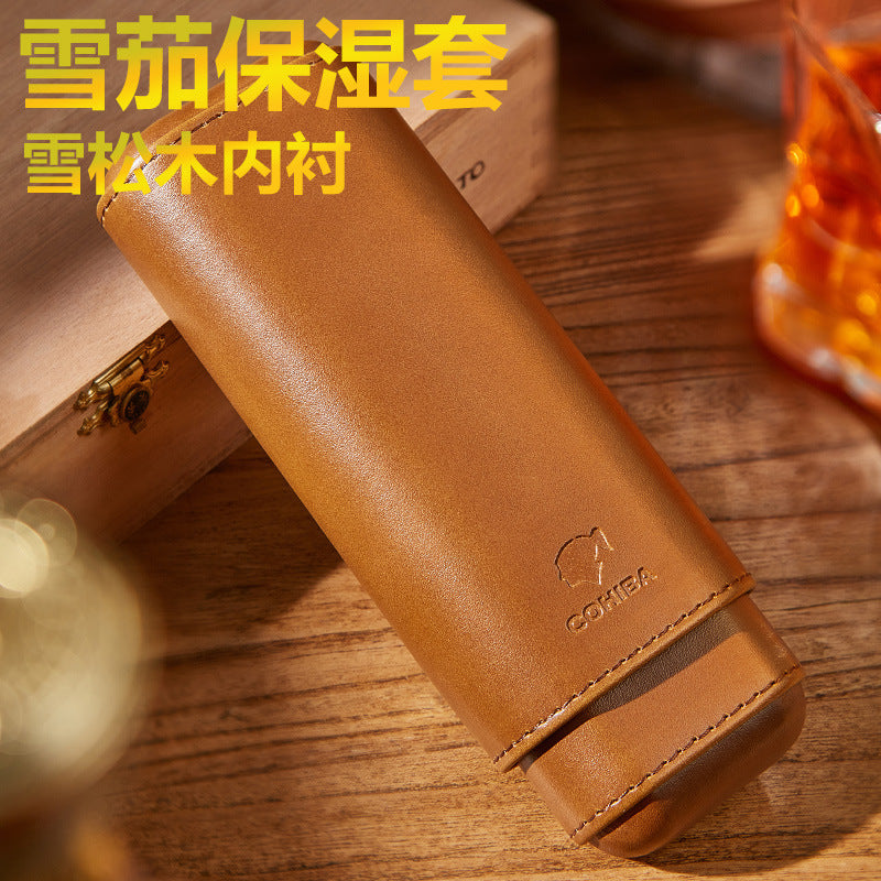 Cow Leather Cedar Wood Cigar Protective Travel Case