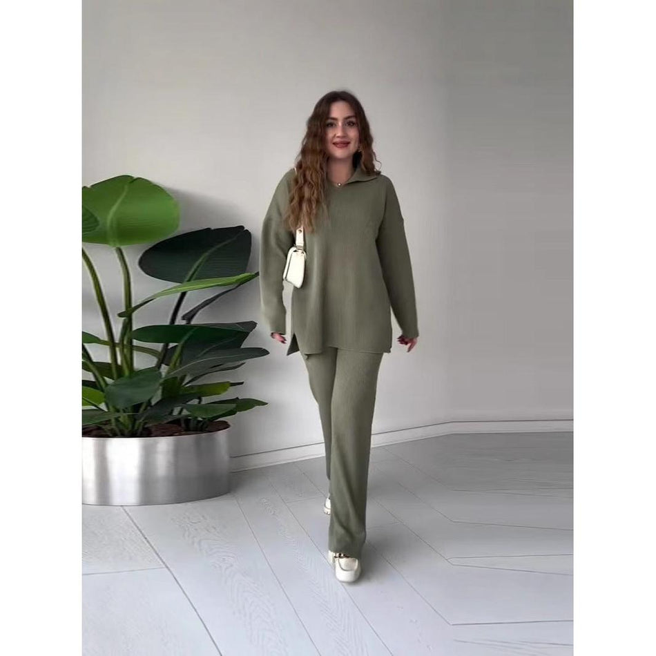 Women’s European-Style Loose Split Hem Sweater Set