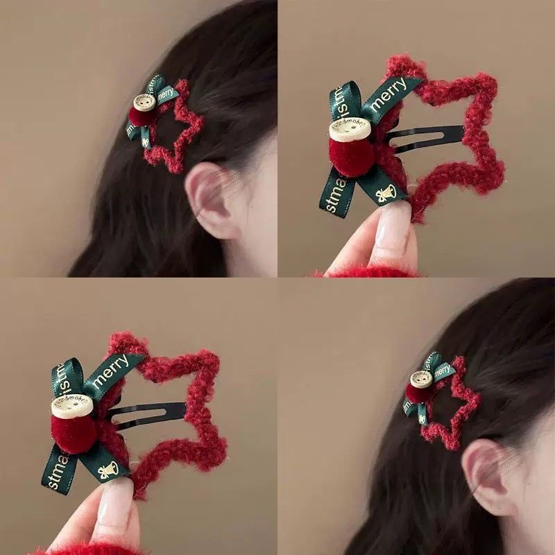 (Pack of 2) Red Plush Star & Bow Hairpin for Girls – Holiday
