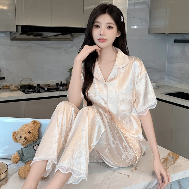 STOCK-Ice Silk Floral Lace Pajama Set
