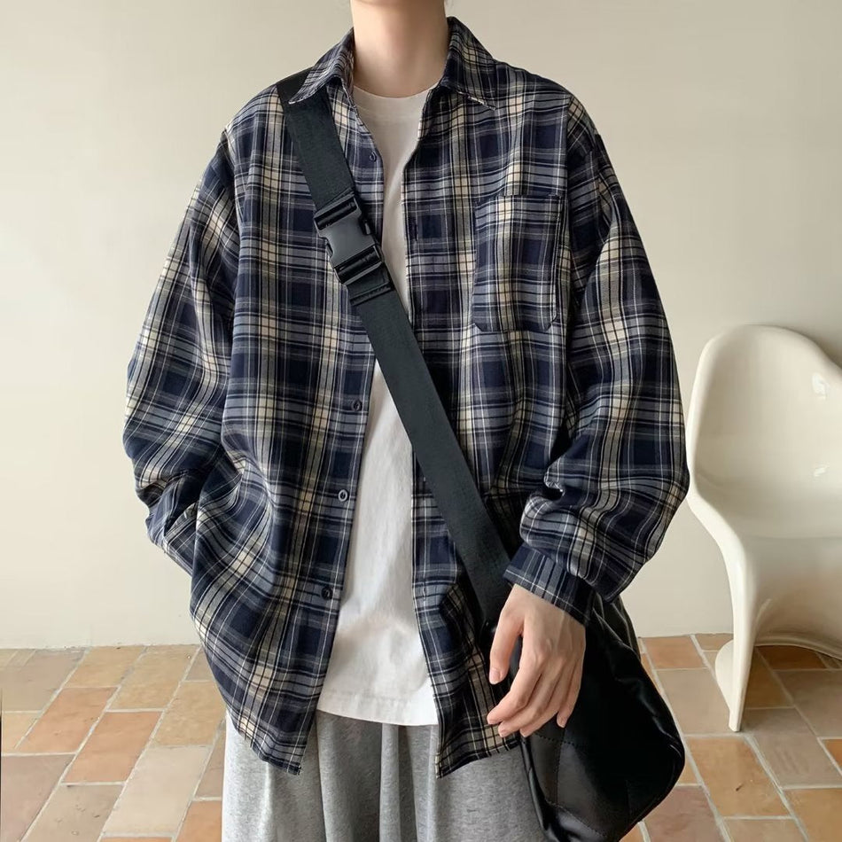 Men’s Japanese Retro Plaid Overshirt Long-Sleeve Shirt