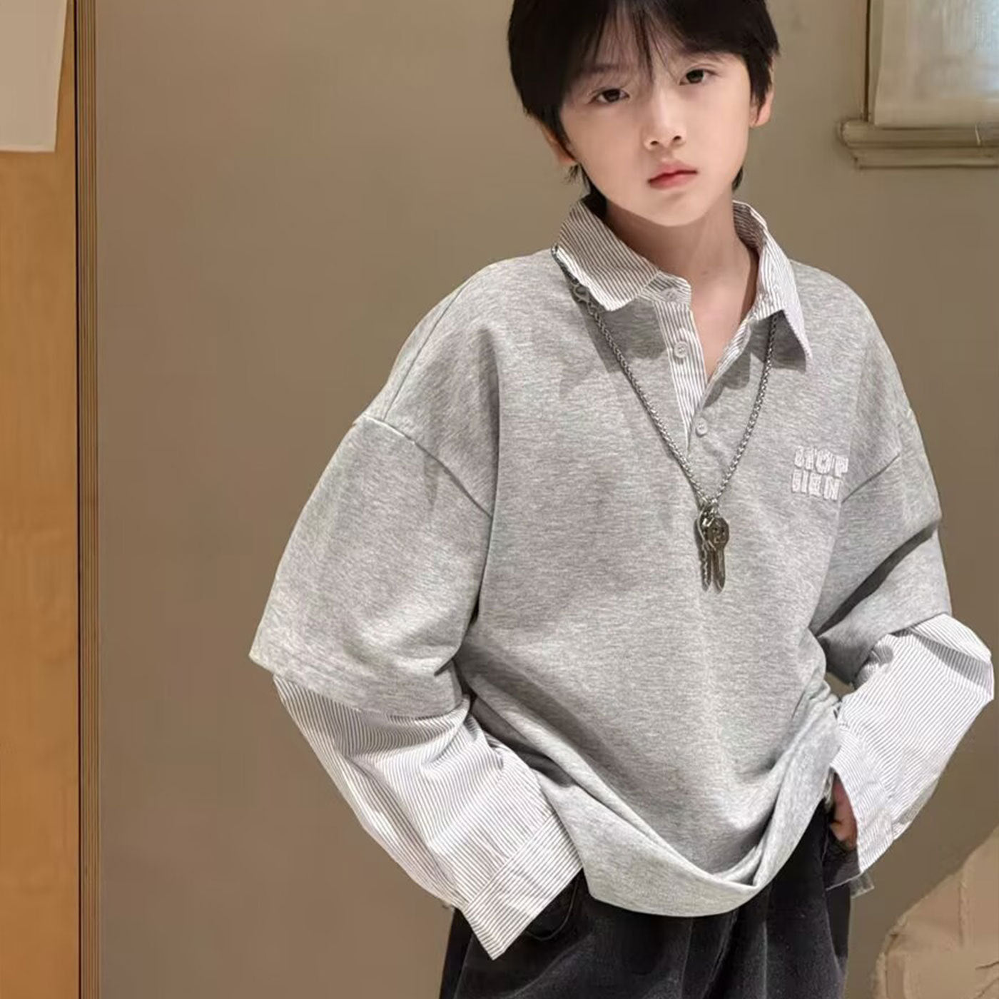 Boys’ 2025 Fake Two-Piece Polo – Long Sleeve Top – Kids Fashion Nepal | Tudoholic