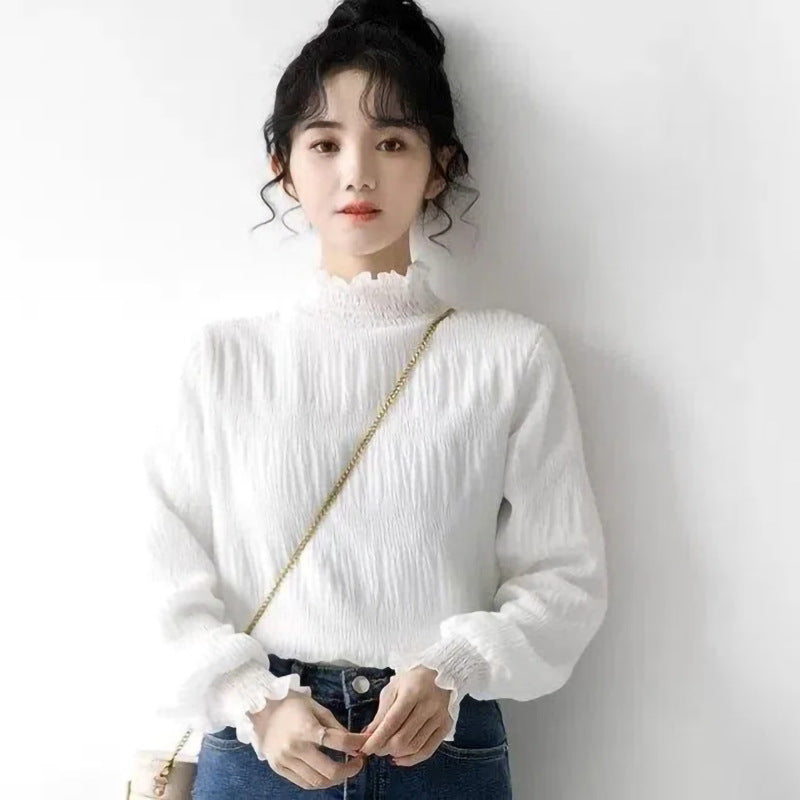 White High-Neck Lace Ruffled Long-Sleeve Base Shirt