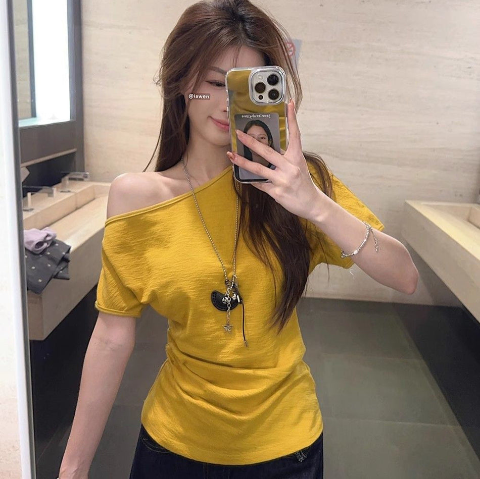 STOCK-Korean Style Slanted Shoulder Slim T-Shirt